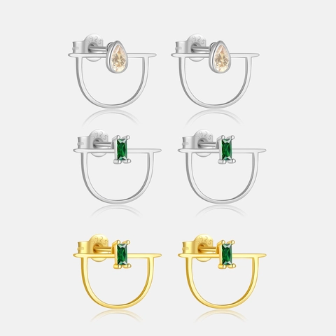 S925 Sterling Silver Geometric Stud Earrings With Emerald Green Zirconia Rectangle Water Drop 925 Silver Post Women Jewelry