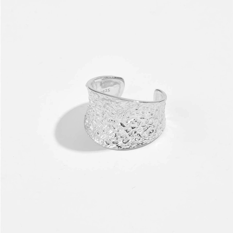 925 Sterling Silver Hammered Open Ring For Women Adjustable Wide Band Vintage Geometric Metallic Jewelry Finger Ring