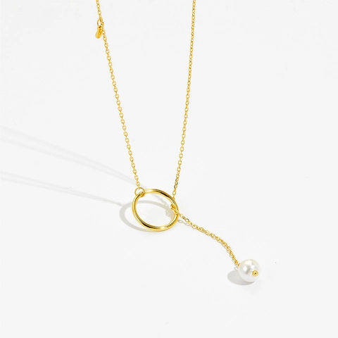 Elegante 925 Sterlingsilber Y Halskette Für Damen Minimalistische Künstliche Perle Anhänger Kreis Schlaufe Anhänger Lange Kette Schmuck