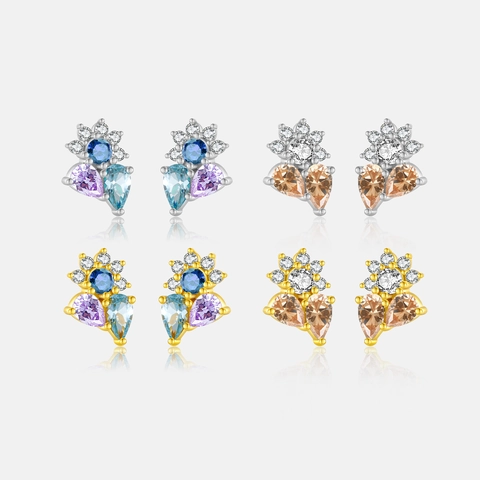 Pendientes de Botón de Flor de Plata de Ley 925 Elegantes Pendientes de Racimo Floral de Circonita de Colores para Mujer