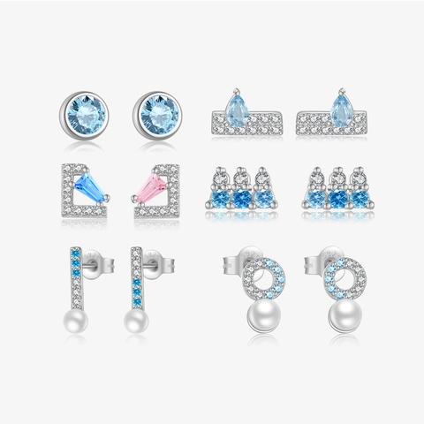 S925 Sterling Silver Blue Zircon Stud Earrings Geometric Asymmetric Frame Pear Round Artificial Pearl Drop Light Luxury Women Jewelry