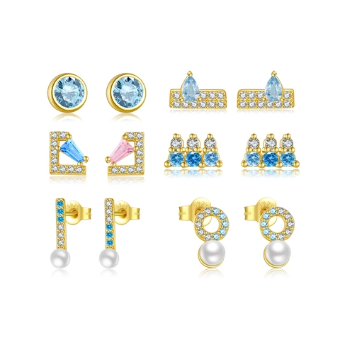 S925 Sterling Silver Blue Zircon Stud Earrings Geometric Asymmetric Frame Pear Round Artificial Pearl Drop Light Luxury Women Jewelry