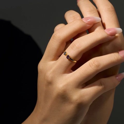 Anillo Abierto Ajustable de Plata de Ley S925 para Mujer Minimalista Zirconia Azul Púrpura Forma Redonda y Pera