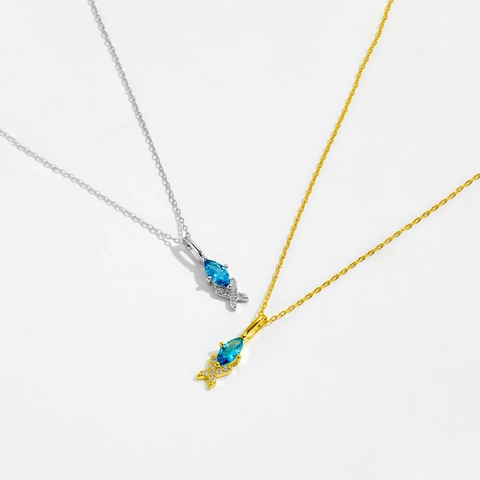 925 Sterling Silver Jewelry Set For Women Blue Marquise Zirconia Fish Tail Pendant Necklace And Stud Earrings Jewelry Gift