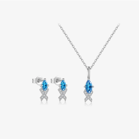 925 Sterling Silver Jewelry Set For Women Blue Marquise Zirconia Fish Tail Pendant Necklace And Stud Earrings Jewelry Gift