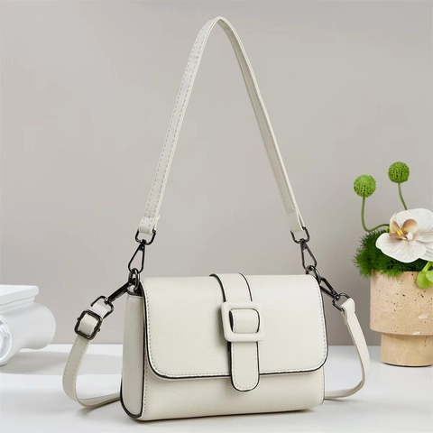 Borsa a Tracolla da Donna in Pelle PU con Grana Litchi Piccola Quadrata Tinta Unita Patta Borsa a Spalla Tracolla Regolabile