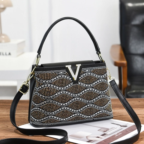 Women Rhinestone Wavy Pattern Handbag PU Leather Shoulder Crossbody Bag V-Shaped Metal Buckle Top Handle Purse Fashion Elegant Gift