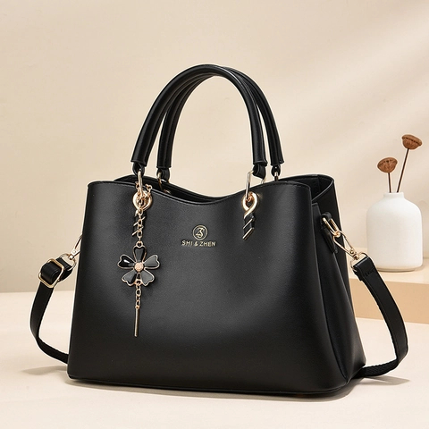 Damen Handtasche Elegante PU Leder Große Kapazität Schulter Umhängetasche Retro Pendler Mit Blumenanhänger Zubehör