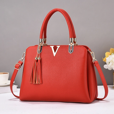 Borsa da Donna in Pelle PU di Grande Capacità con Grana Litchi Decoro in Metallo V e Nappina Moda Tote Borsa a Tracolla