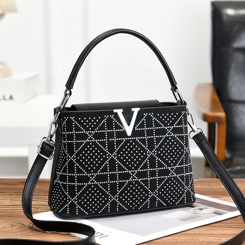 Women Fashion PU Leather Handbag Rhinestone Grid Geometric Pattern Crossbody Shoulder Bag Large Capacity Commuter Purse