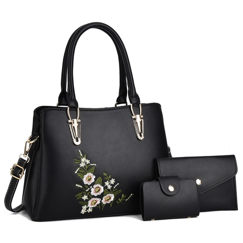 Damen Blumenstickerei Handtasche Mode PU Leder Henkeltasche Mit Brieftasche Und Kartenhalter Schulter Umhängetasche