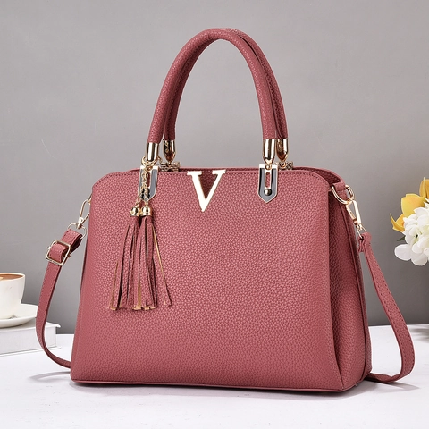 Borsa da Donna in Pelle PU di Grande Capacità con Grana Litchi Decoro in Metallo V e Nappina Moda Tote Borsa a Tracolla