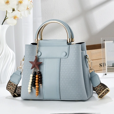Borsa a Mano da Donna alla Moda in PU Patchwork Con Manico Tondo in Metallo Pendente a Stella Tracolla Larga Etnica Retrò Borsa a Spalla