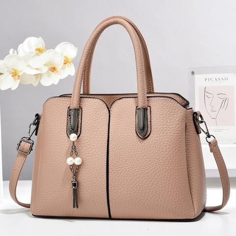 Bolso de Mano para Mujer Gran Capacidad de Cuero PU Con Decoración de Borla de Perla Artificial Patrón de Lichi Bolso de Hombro Casual