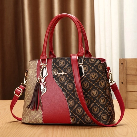 Borsa a Mano da Donna in Pelle PU con Nappina Ciondolo Gatto Stampa Monogramma Borsa a Tracolla Grande Capacità Pendolare