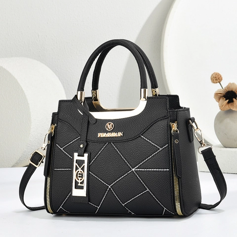 Borsa a Mano da Donna in Pelle PU con Texture Litchi Cuciture Geometriche Grande Capacità Borsa a Tracolla Stile Urbano