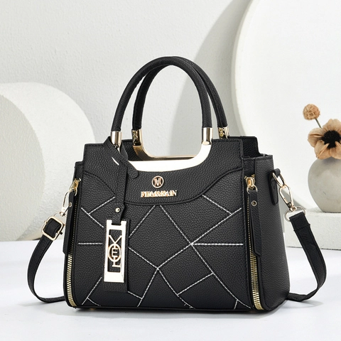 Women Fashion PU Leather Handbag Lychee Texture Geometric Stitching Large Capacity Crossbody Shoulder Bag Urban Style Top Handle Bag