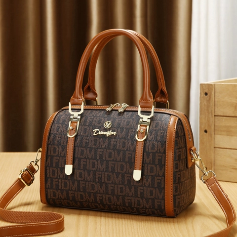 Borsa Boston da Donna Retro in Pelle PU con Stampa Monogramma Borsa a Mano Vintage a Tracolla Grande Capacità Moda