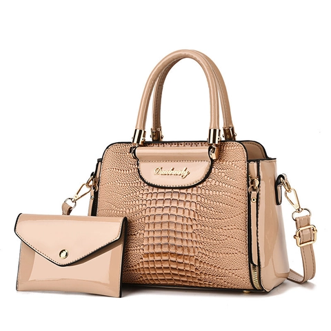 Women Crocodile Pattern Handbag And Pouch Glossy Patent PU Leather Shoulder Bag With Detachable Strap Fashion Tote Bag
