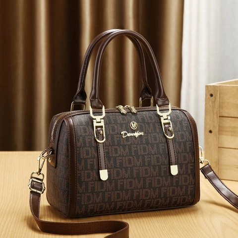 Women Retro Boston Bag PU Leather Monogram Print Handbag Vintage Shoulder Crossbody Bag Large Capacity Fashion Satchel