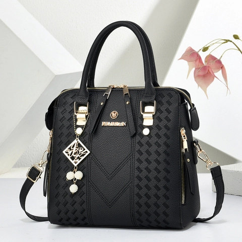 Women Fashion PU Leather Boston Bag Artificial Pearl Charm Litchi Texture Handbag Solid Color Shoulder Crossbody Bag Casual Tote