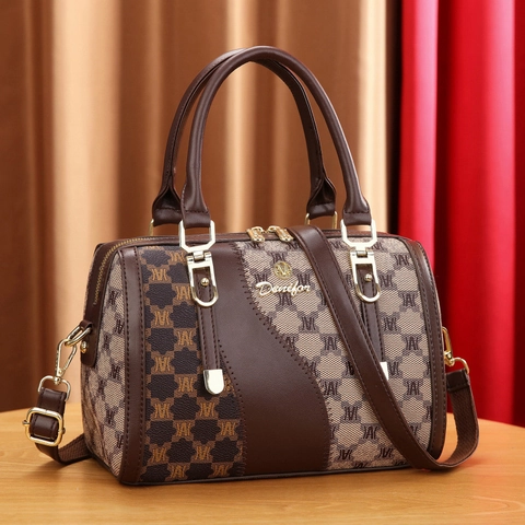Damen Vintage Boston Umhängetasche PU Leder Monogramm Patchwork Handtasche Gold Hardware Täglich Pendeln Crossbody Tasche