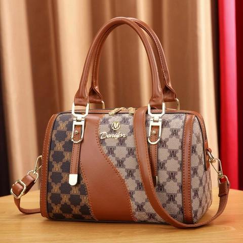 Damen Vintage Boston Umhängetasche PU Leder Monogramm Patchwork Handtasche Gold Hardware Täglich Pendeln Crossbody Tasche
