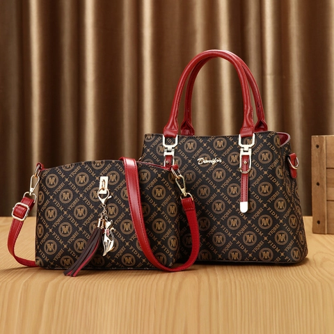 Womens PU Leather Handbag Tote Bag Shoulder Crossbody Bag Set Vintage Letter Print Top Handle Bag Casual Daily Purse