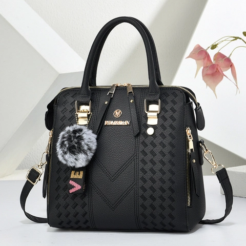 Women's PU Leather Handbag Fashion V-Stitch Woven Shoulder Bag Daily Commuter Crossbody Bag With Pom-pom Charm Tote Purse