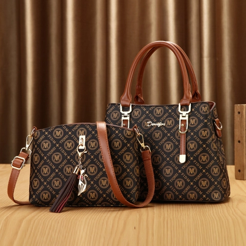 Womens PU Leather Handbag Tote Bag Shoulder Crossbody Bag Set Vintage Letter Print Top Handle Bag Casual Daily Purse