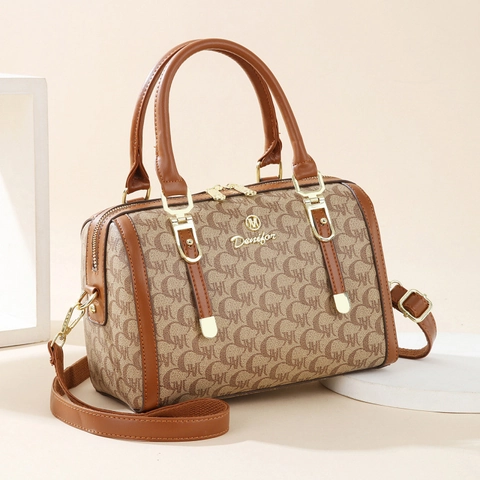 Bolso Boston para Mujer con Monograma de Letras en Cuero PU Bolso de Mano Bandolera con Color de Contraste y Correa Ajustable