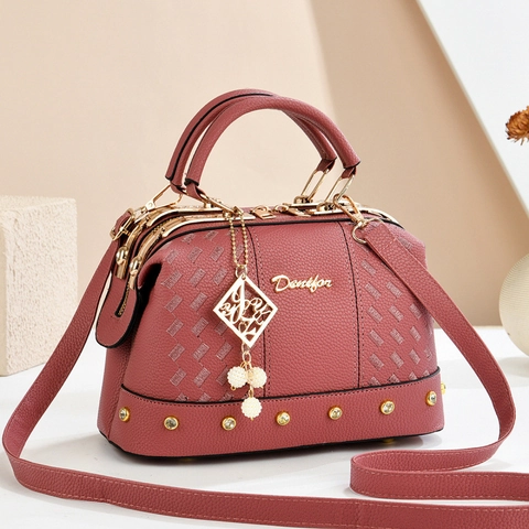 Women Elegant Litchi Texture PU Leather Handbag With Pearl Pendant Metal Studs Fashion Color Blocking Shoulder Crossbody Bag