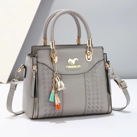 Women Spliced Synthetic Leather Handbag With Tassel Charm Versatile Casual Crossbody Shoulder Bag Gold Hardware Squirrel Logo Daily Commute Fashion Tote