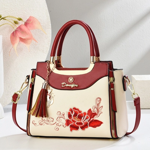 Bolso de Mano Vintage Estilo Chino Bordado de Peonía Cuero PU Color Contraste Bolso de Hombro Mujer Conmutar Elegante Bolso Tote