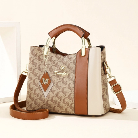 Damen Retro Monogramm-Druck Handtasche PU-Leder Spleißen Umhängetasche Mode Große Kapazität Umhängetasche Büro Alltag
