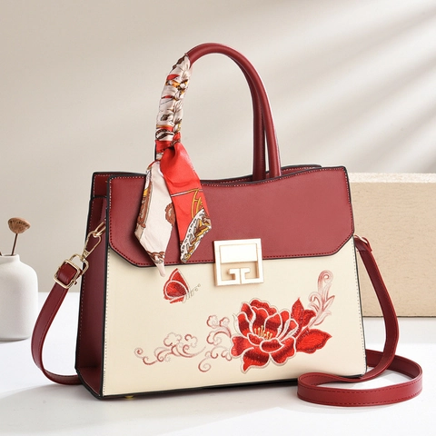 Bolso de Mano Bordado Estilo Chino Retro Cuero PU Color Contraste Flores Mariposa Bolso Hombro Pañuelo Seda Mujer