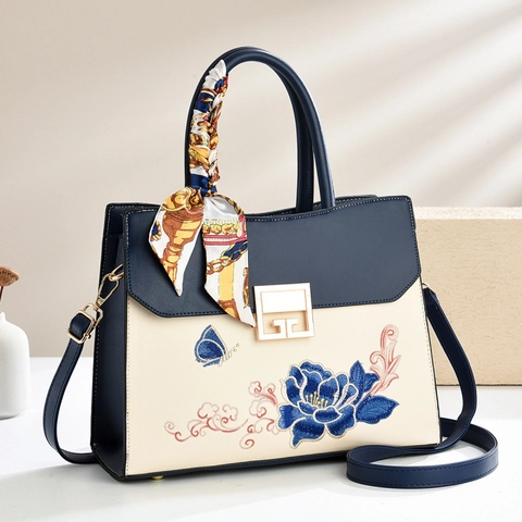 Bolso de Mano Bordado Estilo Chino Retro Cuero PU Color Contraste Flores Mariposa Bolso Hombro Pañuelo Seda Mujer
