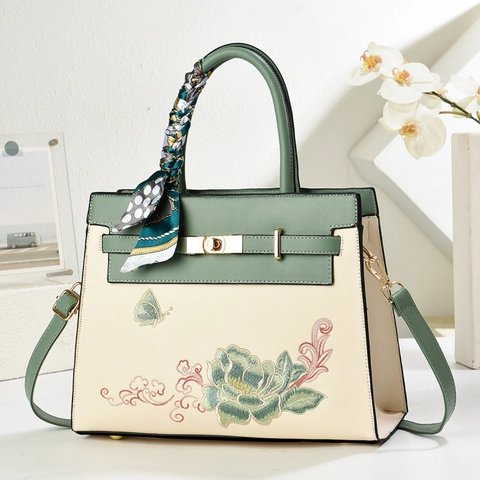 Sac à Main Femme Style Chinois Broderie Florale et Papillon Vintage en Cuir PU Sac à Bandoulière Poignée avec Foulard Fermoir en Métal