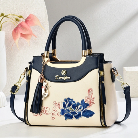 Vintage Chinese Style Peony Embroidery Handbag PU Leather Contrast Color Shoulder Bag For Women Commute Elegant Tote Bag