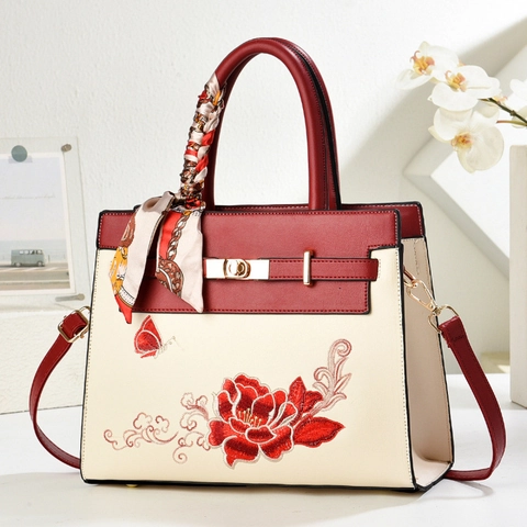 Sac à Main Femme Style Chinois Broderie Florale et Papillon Vintage en Cuir PU Sac à Bandoulière Poignée avec Foulard Fermoir en Métal