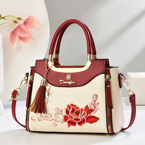 Vintage Chinese Style Peony Embroidery Handbag PU Leather Contrast Color Shoulder Bag For Women Commute Elegant Tote Bag