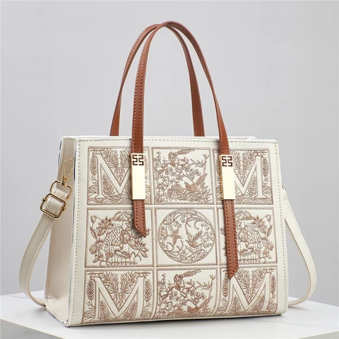 Sac à Main en Similicuir PU à Broderie de Style Chinois pour Femmes Vintage Floral Lettre M Tote Bag avec Bandoulière Amovible