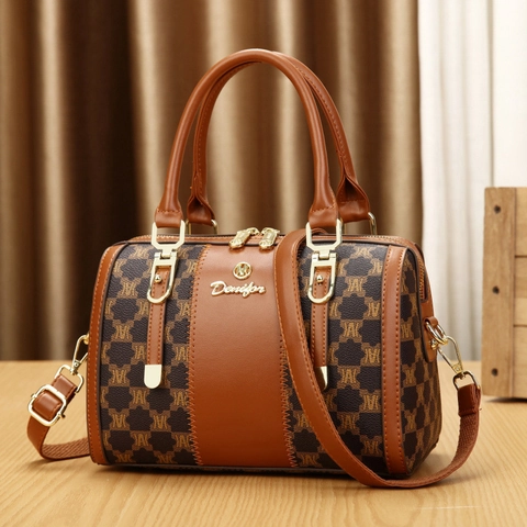 Women Monogram Print Boston Handbag PU Leather Retro Crossbody Shoulder Bag Vintage Top Handle Satchel Casual Carry Bag
