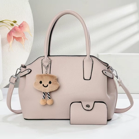 Women Litchi Pattern Faux Leather Handbag And Matching Small Wallet Casual Shoulder Crossbody Bag With Plush Cloud Charm