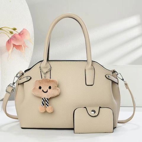 Women Litchi Pattern Faux Leather Handbag And Matching Small Wallet Casual Shoulder Crossbody Bag With Plush Cloud Charm