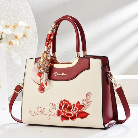 Sac à Main Broderie Florale Style Chinois Vintage Sac Bandoulière Cuir PU Avec Foulard en Soie Cadeau Pour Mère