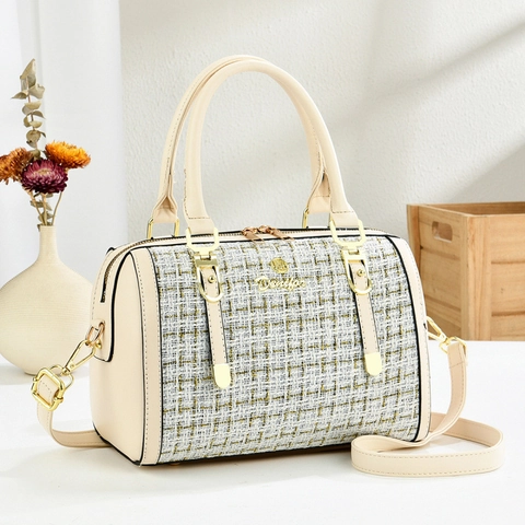 Women Vintage Tweed Patchwork Boston Bag PU Leather Handbag Gold Hardware Shoulder Crossbody Bag Wedding Party Satchel