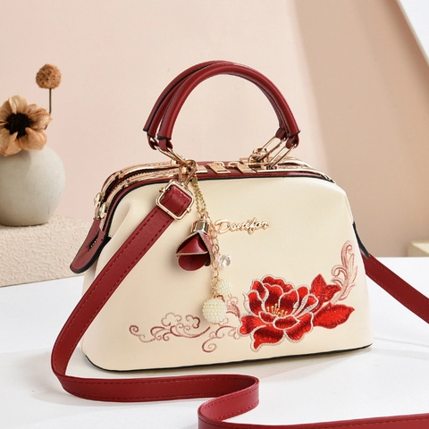 Vintage Blumen Stickerei PU Leder Schultertasche Für Damen Elegant Color Block Henkeltasche Doctor Bag Geschenk Für Mutter