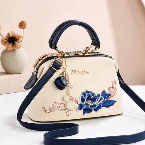 Vintage Blumen Stickerei PU Leder Schultertasche Für Damen Elegant Color Block Henkeltasche Doctor Bag Geschenk Für Mutter