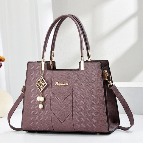 Women Embossed PU Leather Handbag Fashionable V-Pattern Tote Bag With Pearl Scarf Pendant Large Capacity Commuter Shoulder Bag